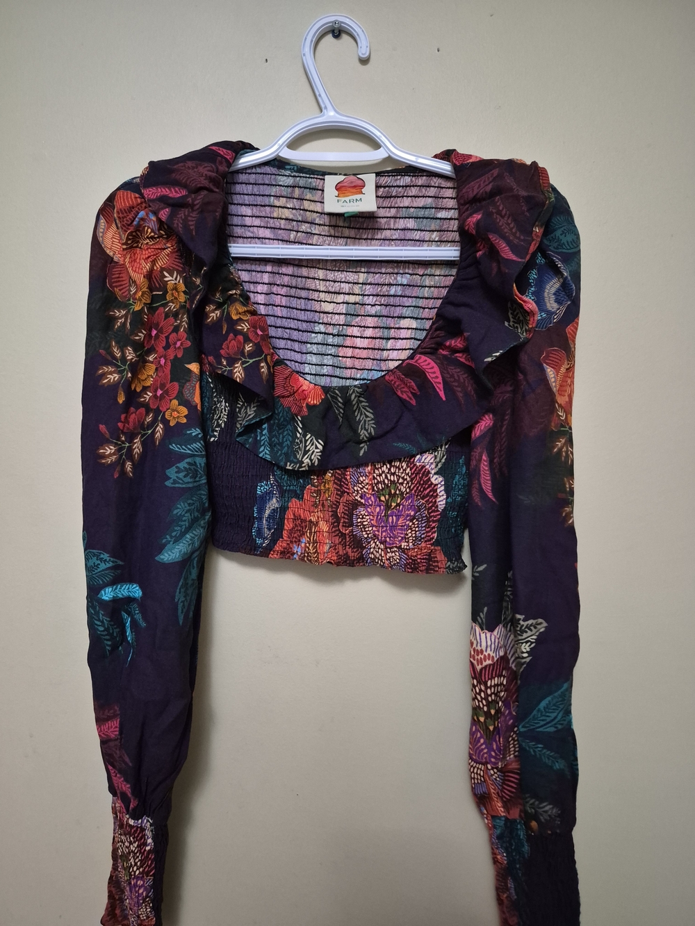 Farm Rio Purple Floral Ruffle-Smocked Crop Top and Skirt